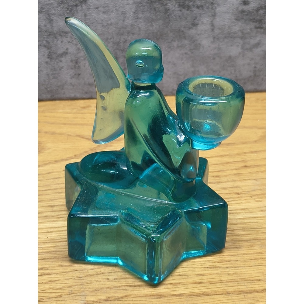 Vintage Blue Glass L. E. Smith Angel Candle Holder With Star Base - Picture 2 of 4